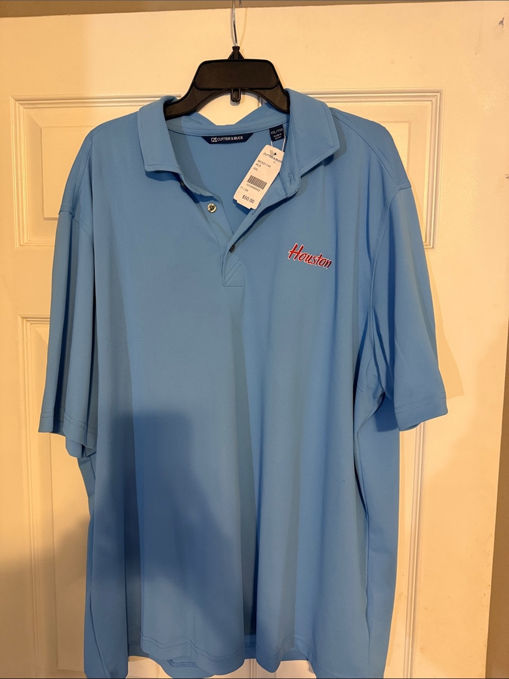 Light Blue Polo with Red Houston Script- perfect for a Houston Sports Fan!